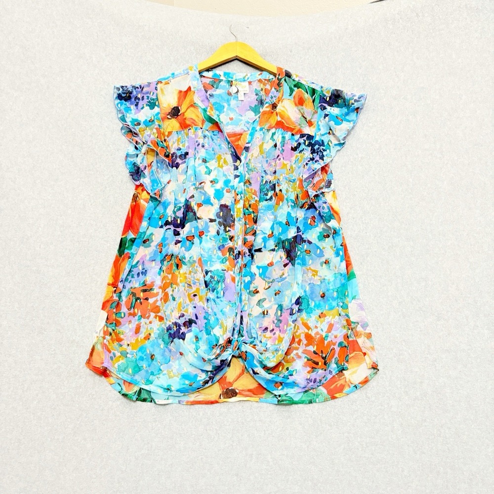 Fig And Flower Boho Flutter Slv Sheer‎ Watercolor Floral Bloomcore Tie Front 2X